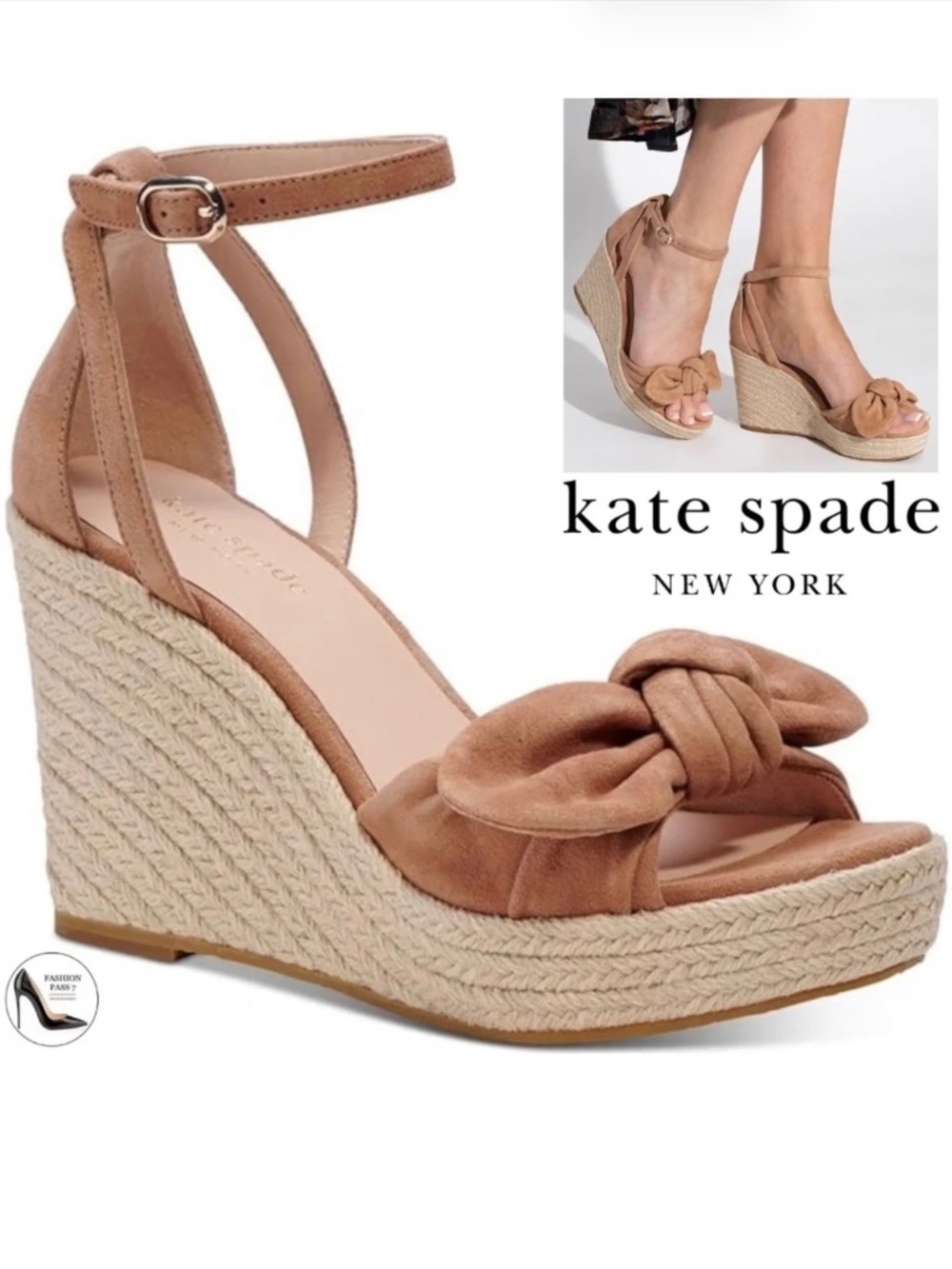 Kate Spade Natural Suede Tianna Espadrille Wedges Beige Leather Platform Sandals